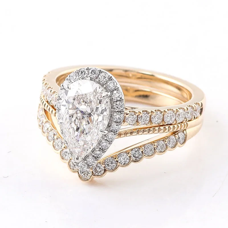 Ensembles de bagues pour filles en gros personnalisé 3ct Def Pear Lab Diamond femmes luxe 14k or jaune bague de mariage bijoux en gros 1