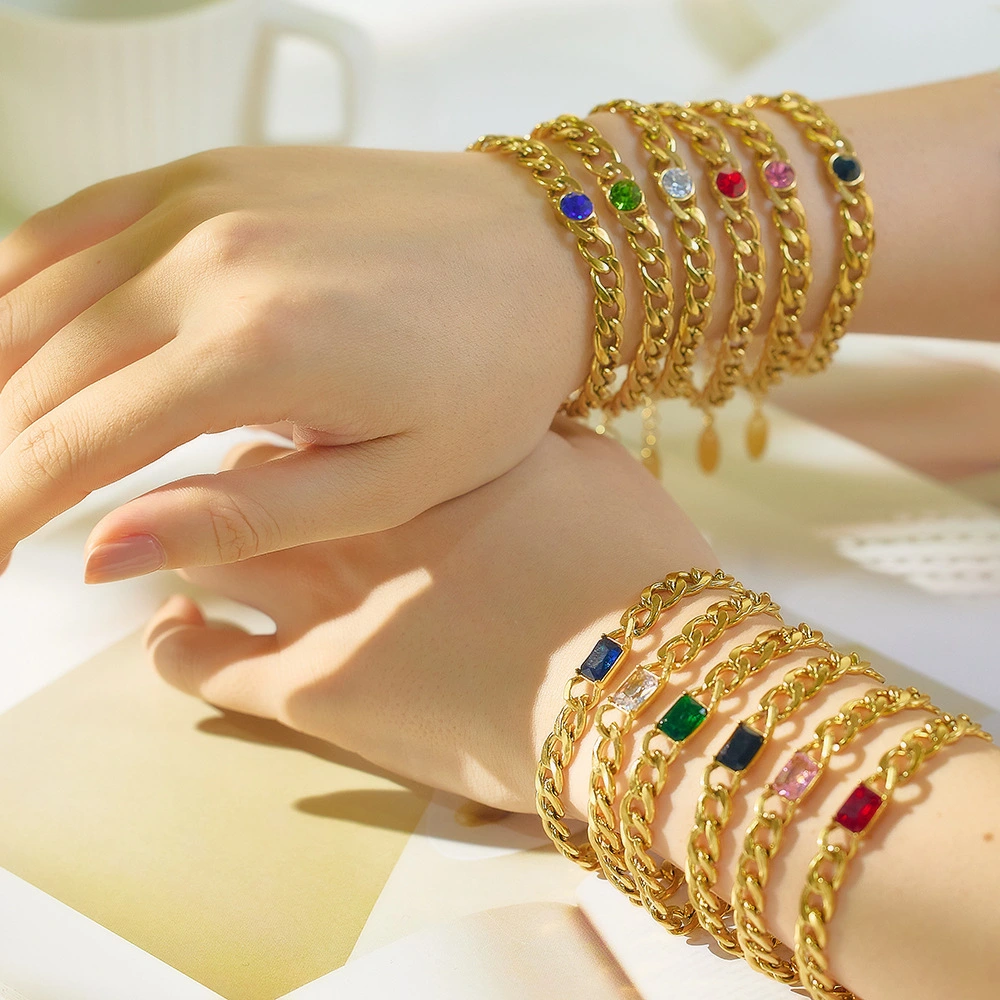 Waterproof 18k Gold Plated Colorful Crystal Chunky Bracelet Bangle Stainless Steel Zirconia Cuban Link Bracelet For Women 1