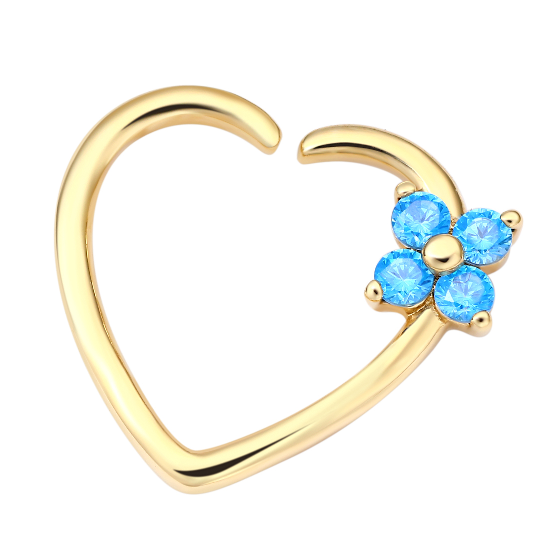 Eternal Metal 14k Solid Gold Hollow Heart With Blue Zircon Flower Seamless Ring Nose <000000> Earring Cartilage Piercing Jewelry 5