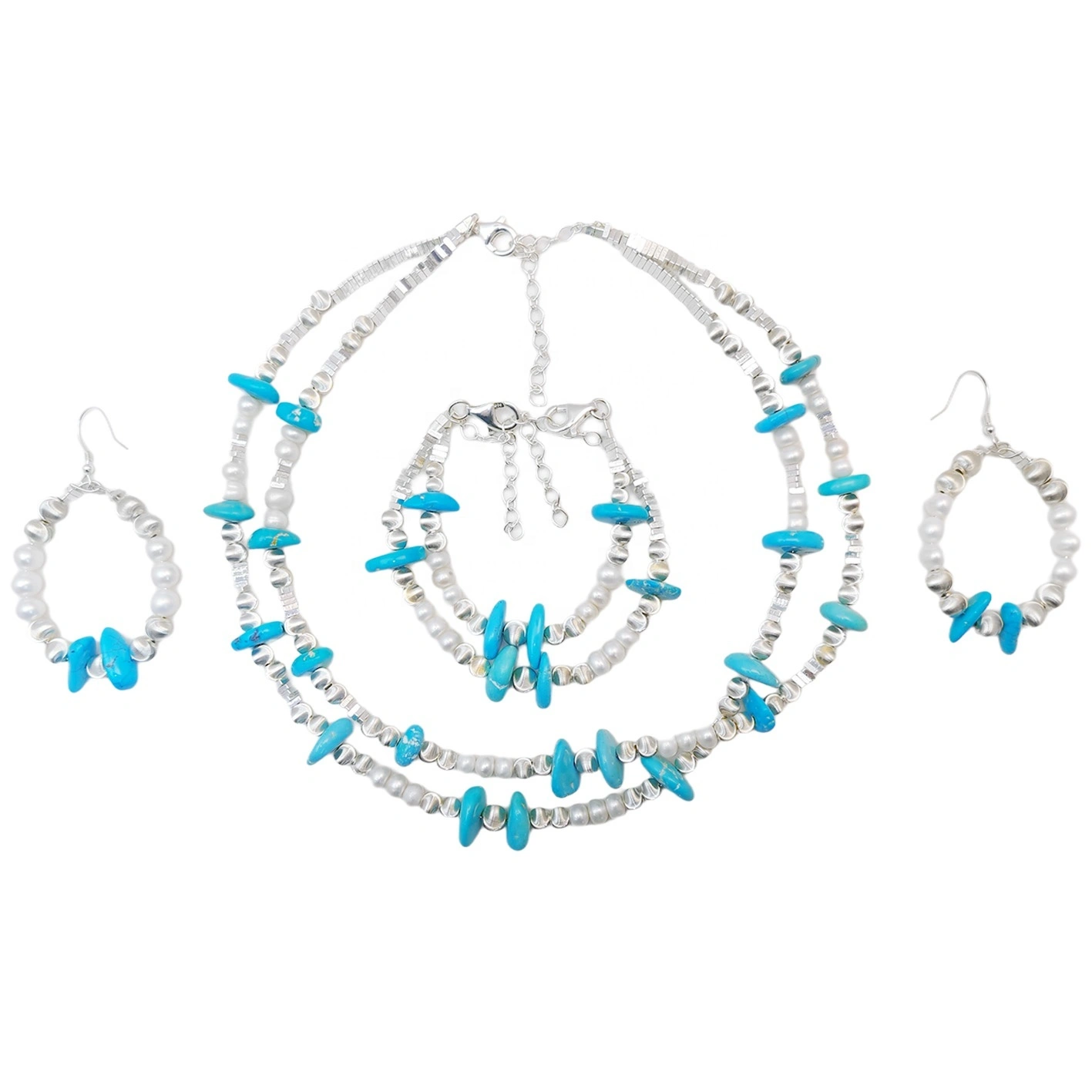 S925 Silver Jewelry Turquoise Set S925 Silver Bracelet Bracelet Necklace Earrings Natural Turquoise High Quality Pearl Luxury 1