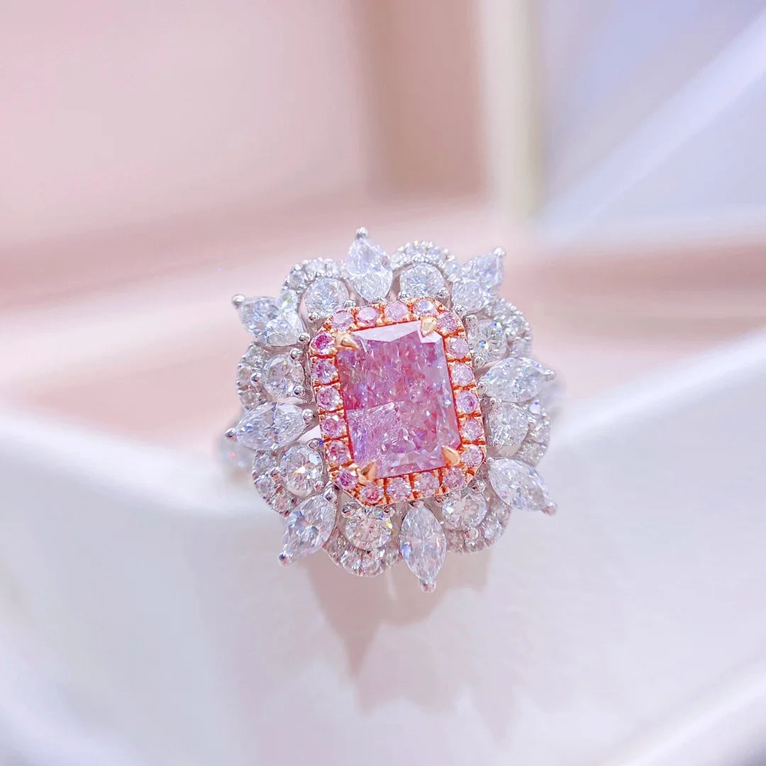 Wholesale Gold Rings 1.01ct Pink Lab Diamond Diamond Radiant Cut Luxury 18k Real White Gold Rings Women Fine Jewelry Luxury Ring 1