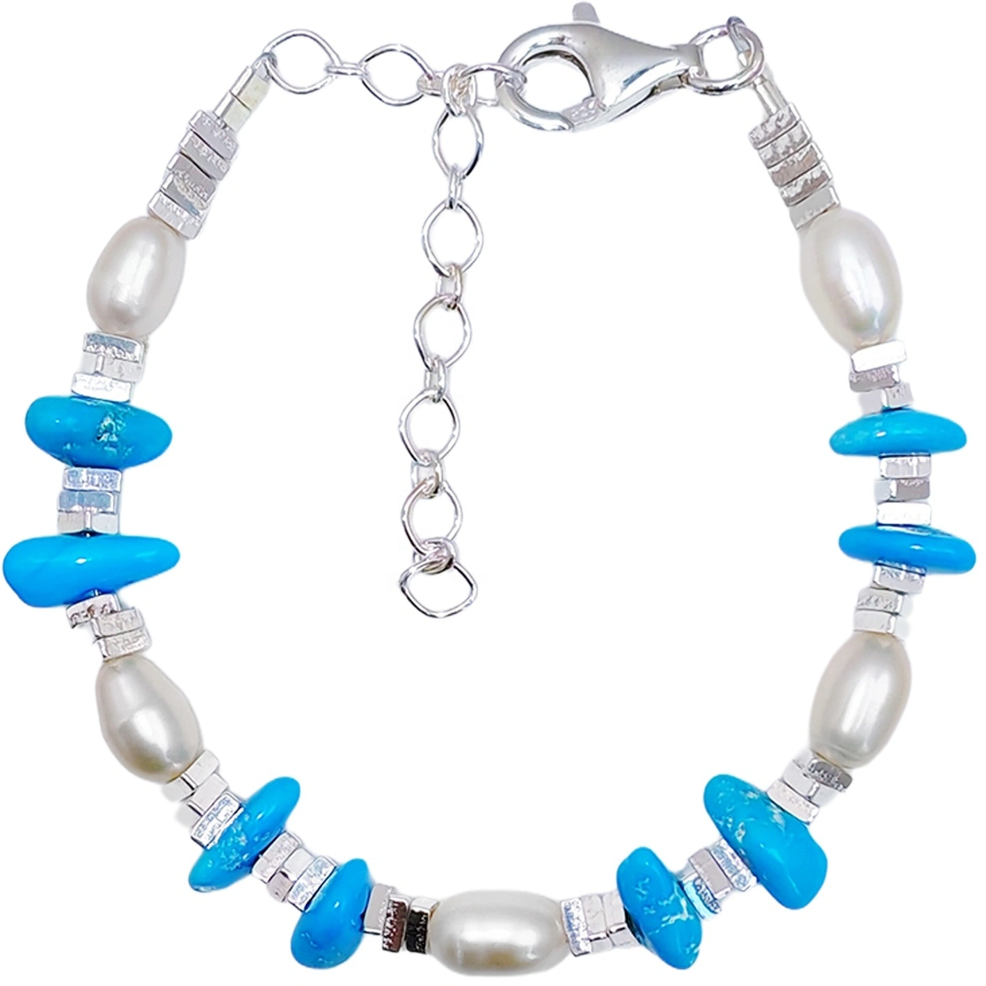 Coitianta S925 Silver & Turquoise Nádúrtha Le Pearl Ardchaighdeáin Bracelet Díol te Triantán Silver Bracelet 1