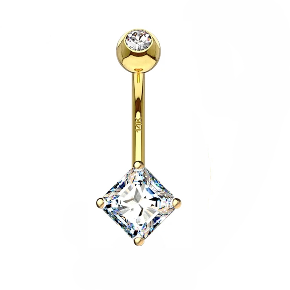 Eternal Metal 14k Solid Gold Square Zirconia Belly Button Ring 1