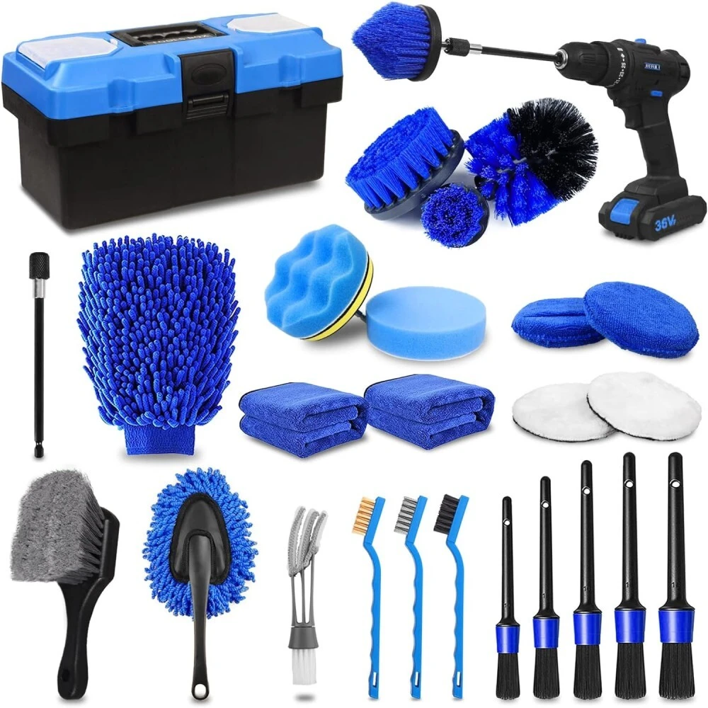 Car Wash Brush Kit Set for Interior Exterior Cleaning with Drill Tools Sponge Towels Tire Pads Buffing Wheels 1