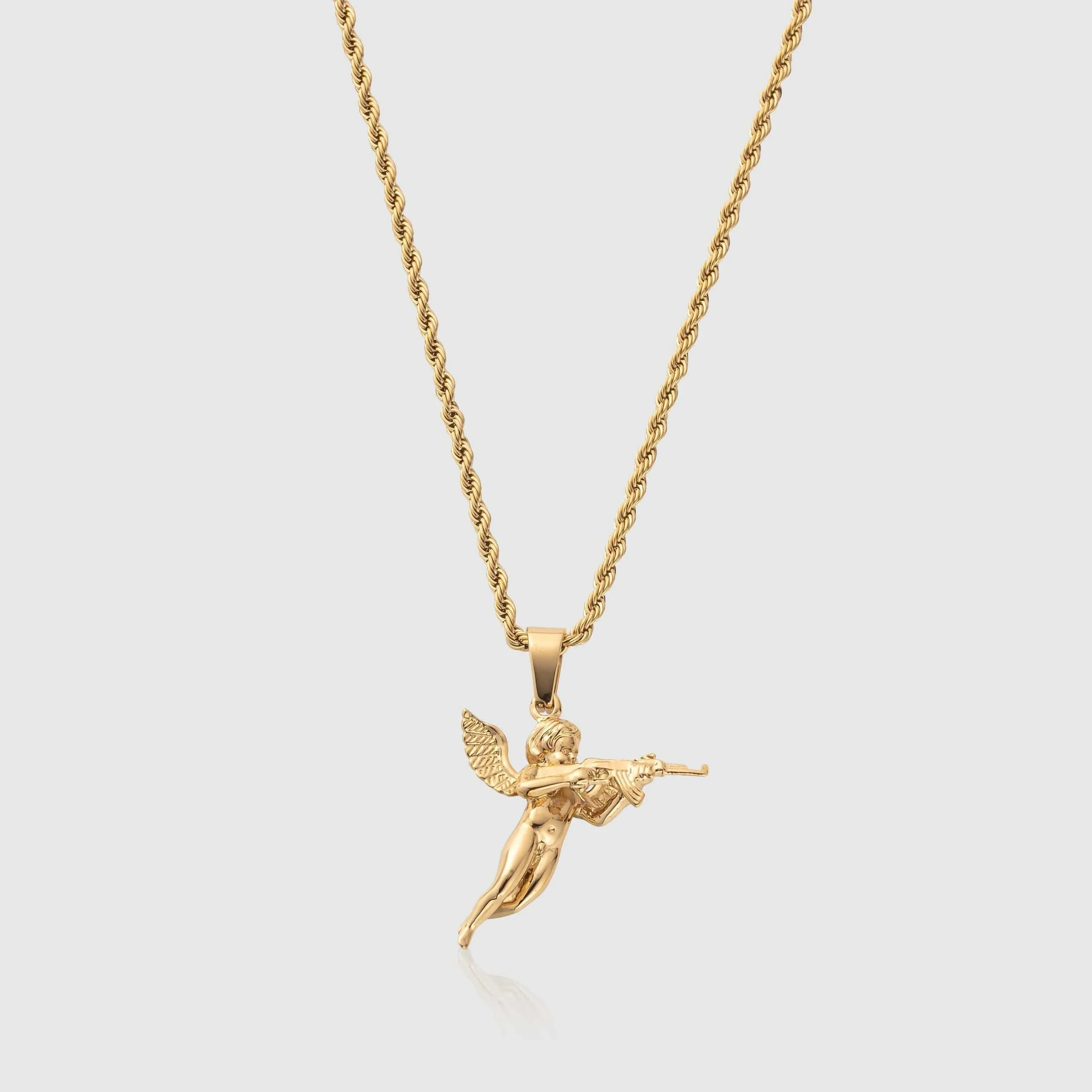 Herren 18k Gold plattiert Silber AK47 Guardian Angel Cherub Hip Hop Anhänger Seilkette 3,5 mm Engel AK 47 Anhänger Halskette 1