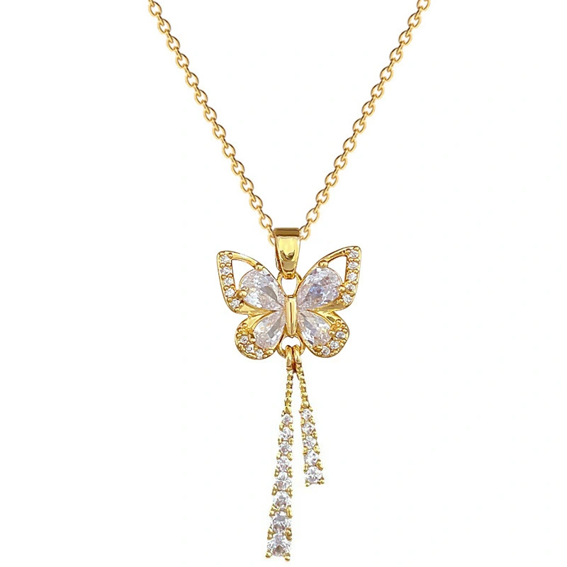 Romantic Luxury Stainless Steel 18k Gold Plated Women Butterfly Zircon Pendant Link Chain Fashion Jewelry Necklace 1