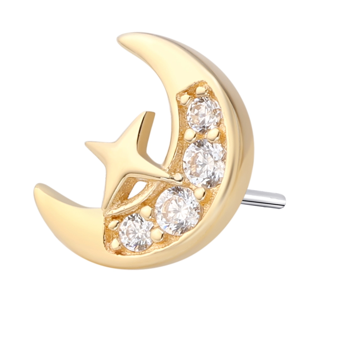 Eternal Metal 14k Solid Yellow Gold 5a Cz Moon Star Cradle Nose&lip Piercing Ear&cartilage Jewelry Threadless Push In Ends Tops 1