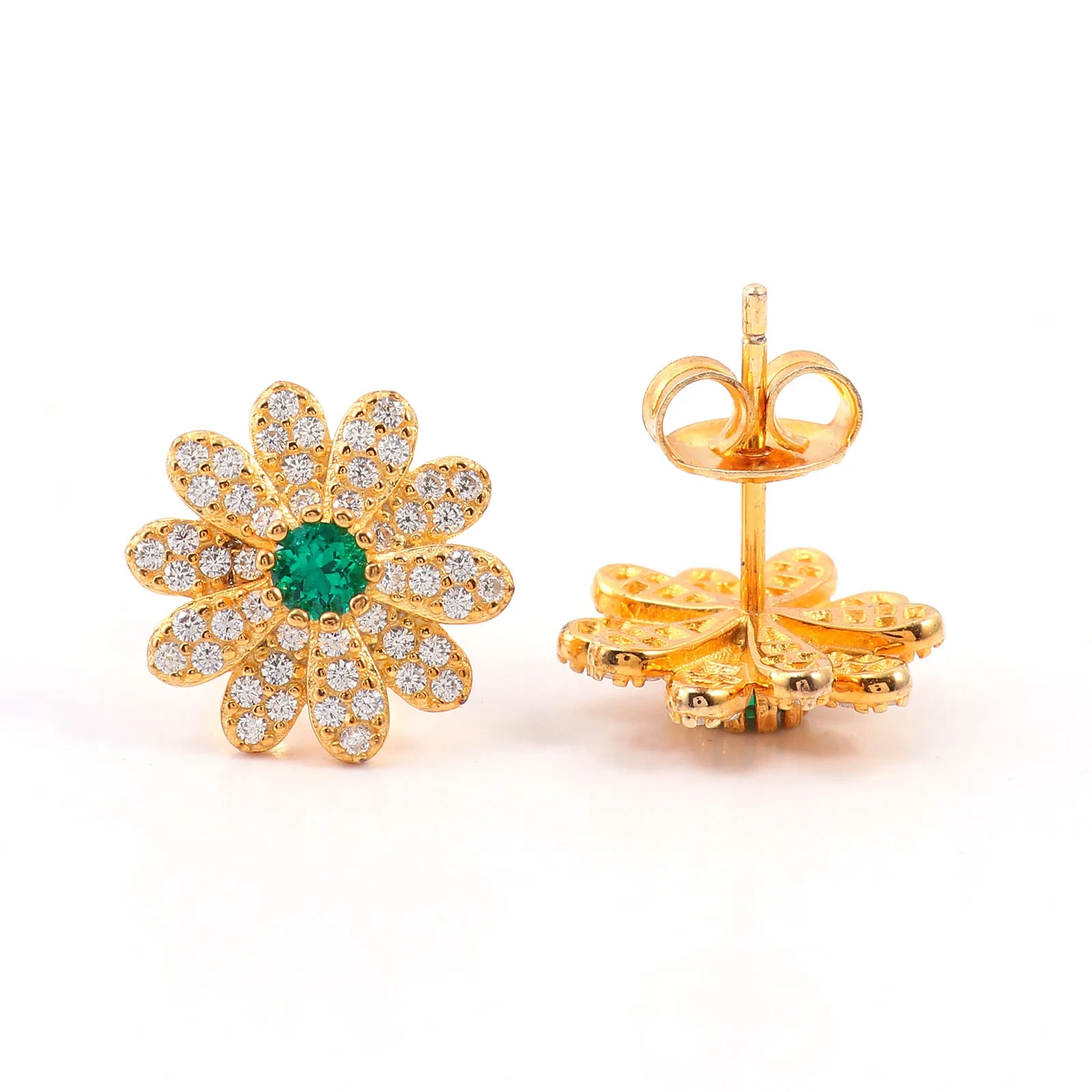 Earring Studs Sun Flower Design Green Emerald Stone With Moissanite Silver 925 Jewelry Earring With Yellow Gold Plated 1