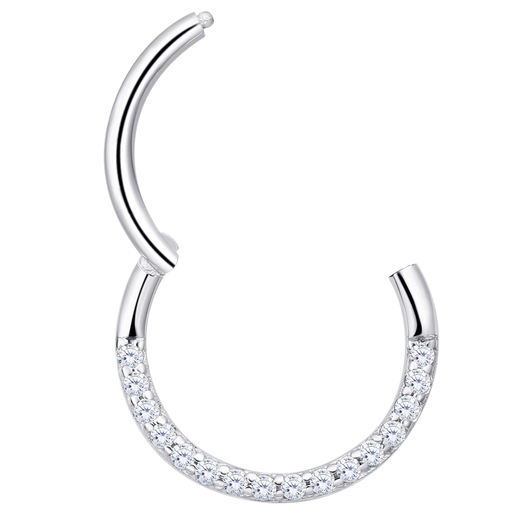 Eternal Metal 14k Solid White Gold Frontside Paved Cz Hinged Segment Hoop Clicker Nose <000000> Conch Piercing Jewelry 6