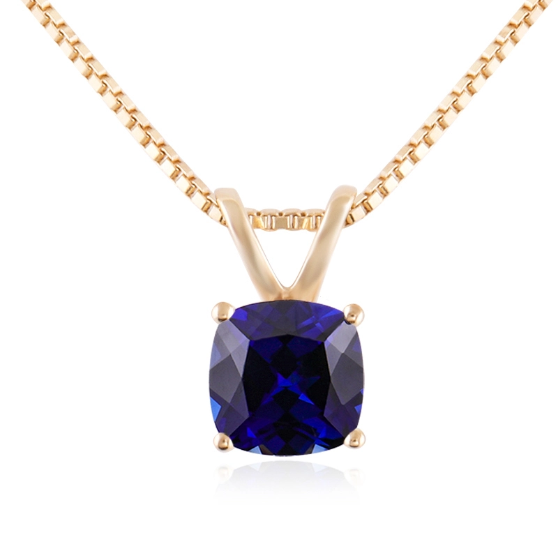 Hot Sale 14k Yellow Gold 2ct Cushion Cut Blue Lab Grown Sapphire Pendant Necklace 1