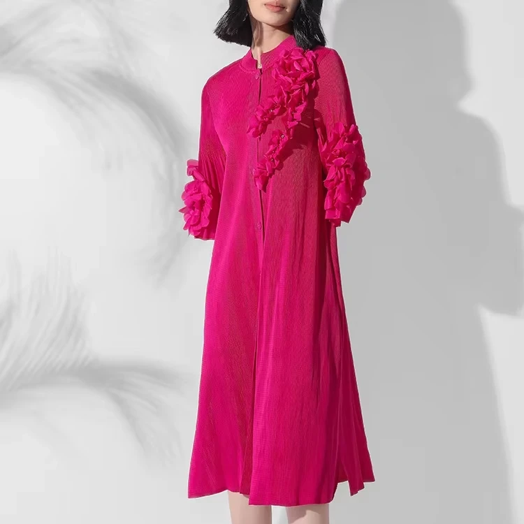 Pleated Dresses Direct from Manufacturer – Fast Turnaround & Custom OptionsPleated Mid-length Dress For Women Fashionable And Loose Trumpet Sleeves Floral Design Pleated Dress 1