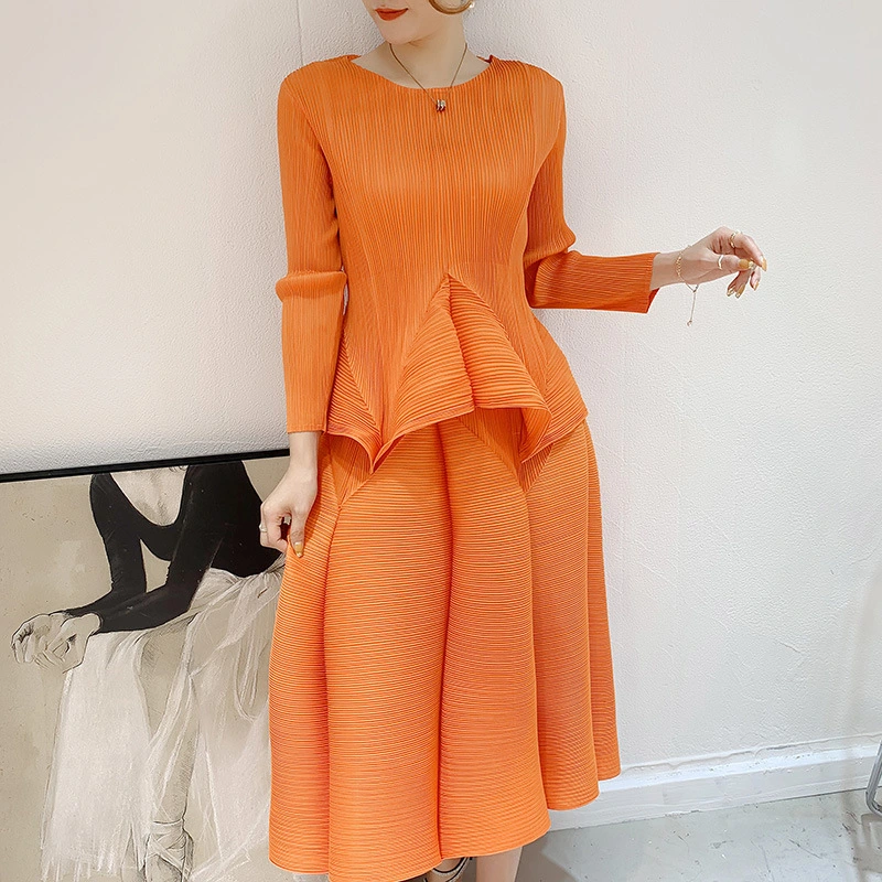 Fabricant de vêtements plissés Miyaki 2024, grande taille, vêtements de styliste élégants et décontractés pour femmes, ensembles de vêtements pour femmes, deux pièces plissées, hauts à manches longues&jupe 1