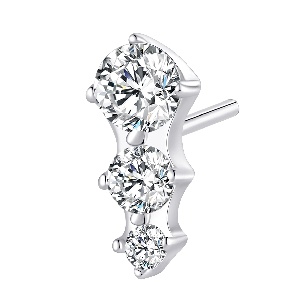 Eternal Metal 14k Solid White Gold Round Cut Cz Claw Setting Paved Trio Drop Ear Piercing Jewelry Push In Threadless Ends Tops 1