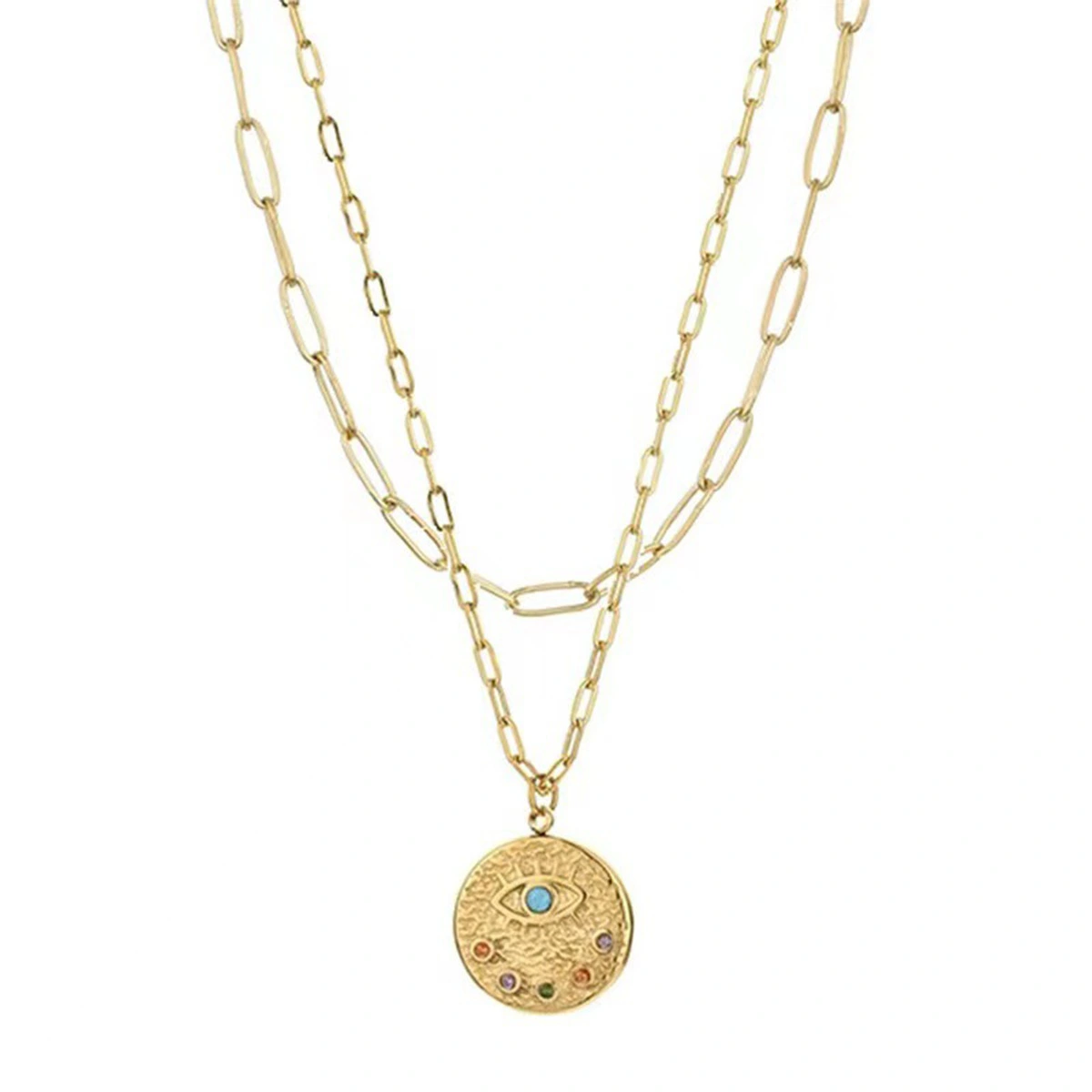 Devil's Eye Round Hanging Double Layer Dainty Gold Plate Necklace For Women 1