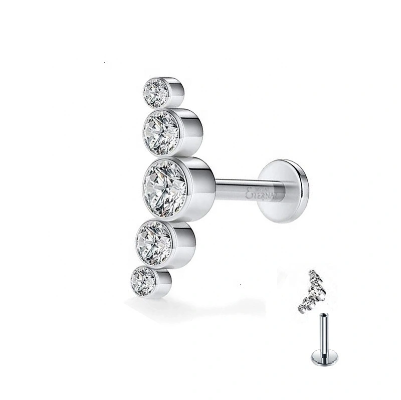 Eternal Metal Astm F136 Titanium Bezel Set 5-round Cz Curve Top Internally Threaded Labret Flat Back Studs Body Jewelry 1