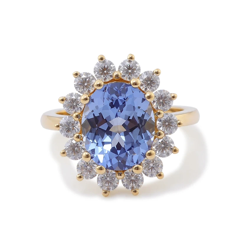 Anillo Diana de oro auténtico de 2 quilates con zafiro azul ovalado cultivado en laboratorio y halo de moissanita. 1