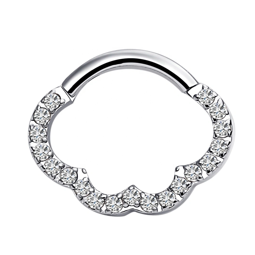 Eternal Metal Astm F136 Titanium Cnc Setting Front Cubic Zircon Clicker Ring With Flower Shaped Piercing 1