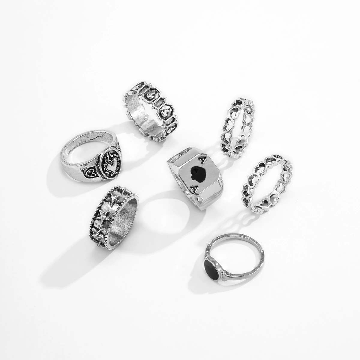 Fashion European And American Unisex Ring Set Vintage Punk Geometric Hollow Oil Dropping Ring Creative Alloy Plating Thick Ring 1