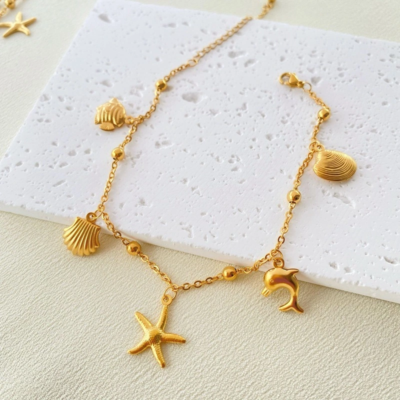 Fashion Girl 18k Gold Plated Titanium Steel Feet Chain Starfish Dolphin Scallop Tropical Fish Pendant Ocean Style Feet Chain 1