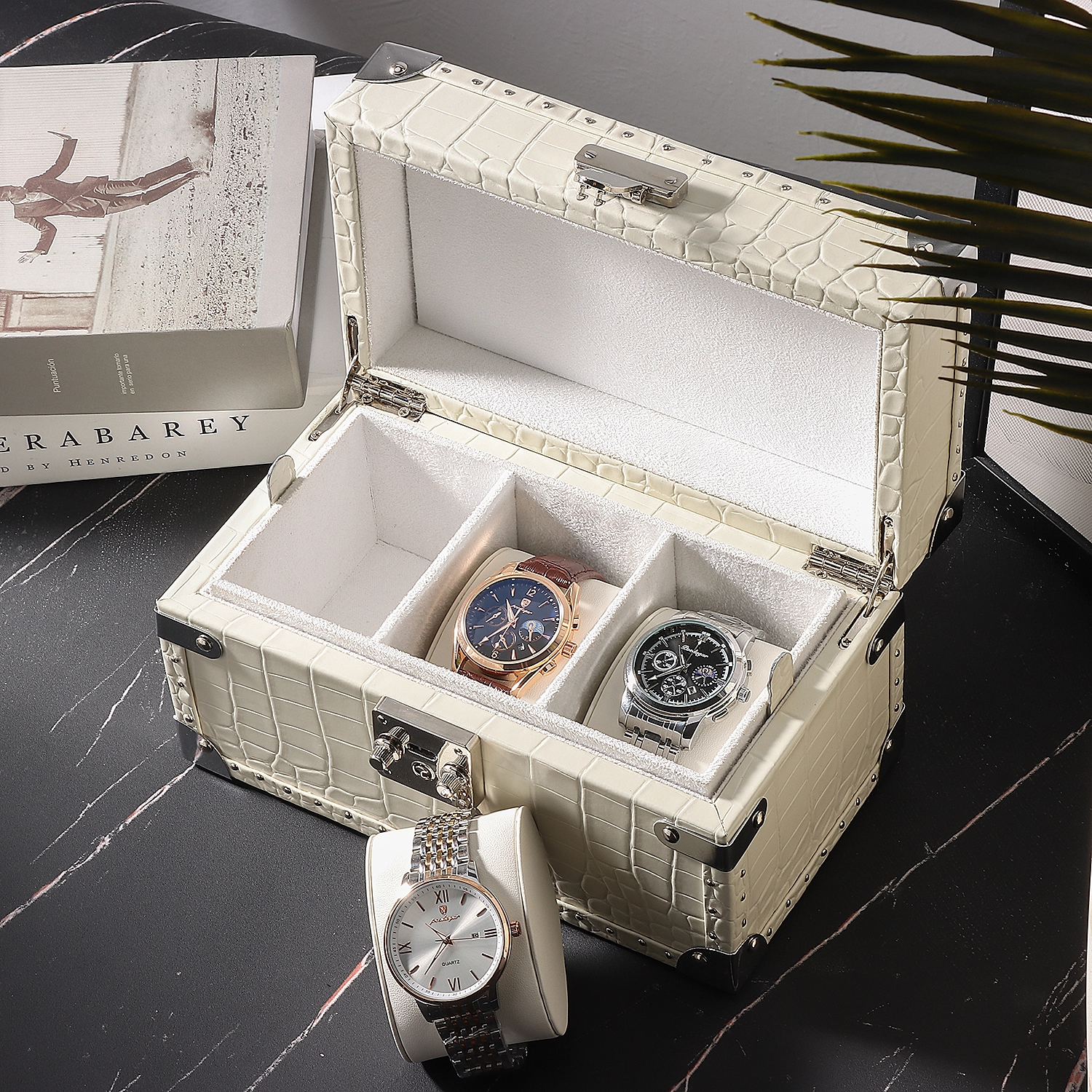 White Alligator Rivet Design Custom Logo 3 Watch Boxes - Storage Case 1