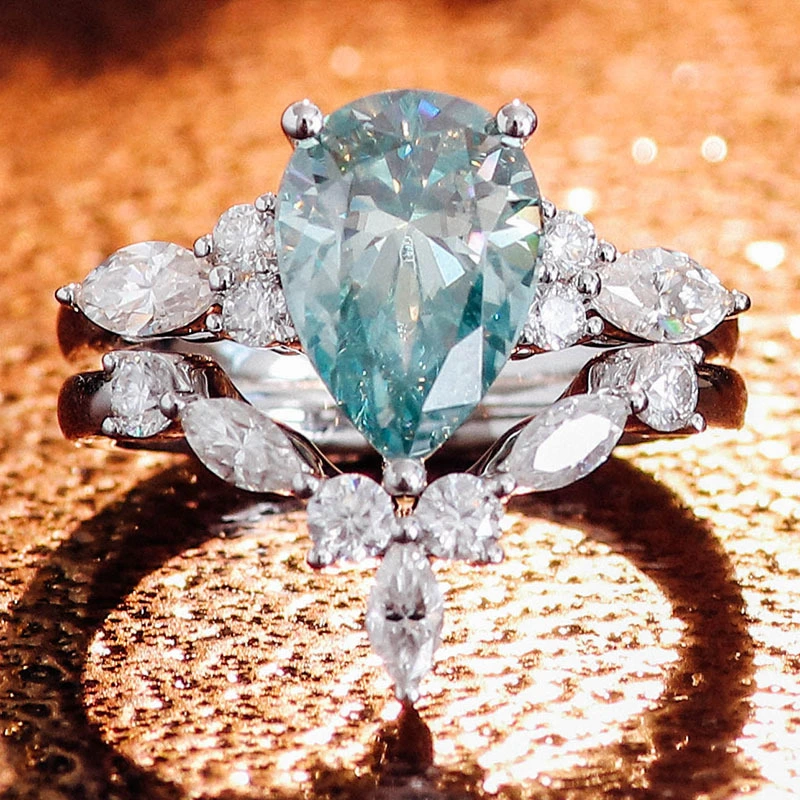 10k White Gold Fine Jewelry Pear Cut Blue Green Moissanite Diamond Engagement Ring Set 1