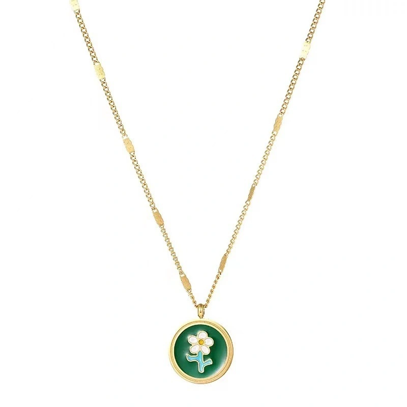 Trendy Vintage Dark Green Chamomile Titanium Steel Necklace Enamel Round Pendant Gold Pendent Necklace For Women 1
