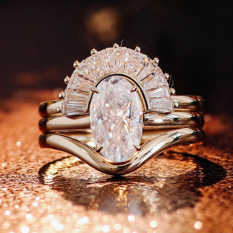 14k Yellow Gold Jewelry Big Size Stone Soild Gold Pave Oval Cut Moissanite Wedding Ring Set 1