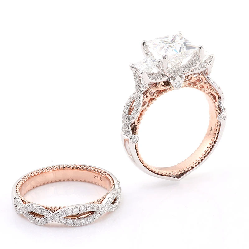 Anneau de cluster de bijoux fin 14K Gol blanc + or rose 3ct princesse Cut D Color Moissanite Luxury Wedding Proposition Ring for Women 1