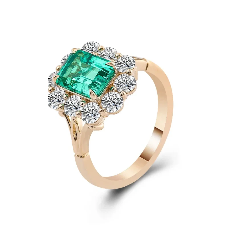 Anneau émeraude vintage solide 14kgold Brilliant Lab Créé Center Center Engagement Ring Halo Moisanite Ring Gift pour elle 1