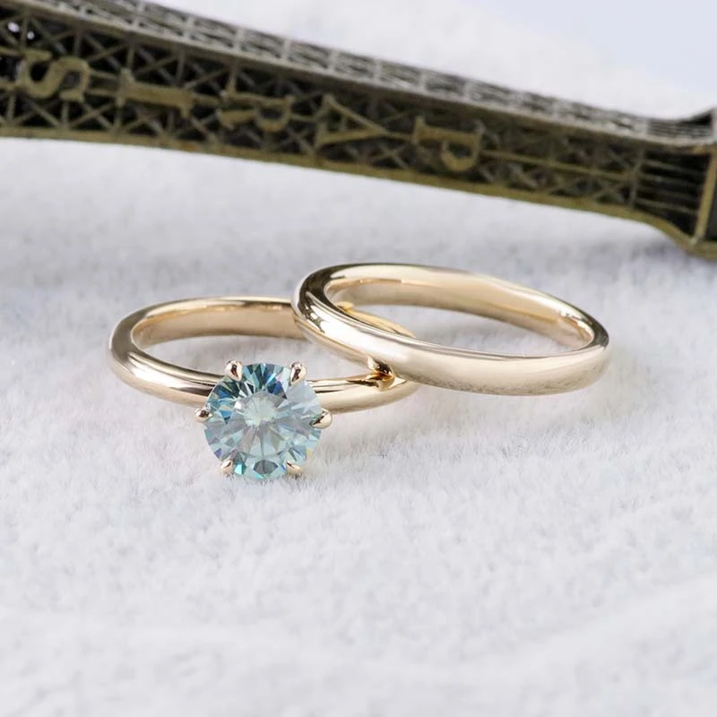 Collection de mariée 14K Or jaune 1ct 6,5 mm Blue Moisanite Solitaire Ring Ensemble de bijoux de China Provence 1