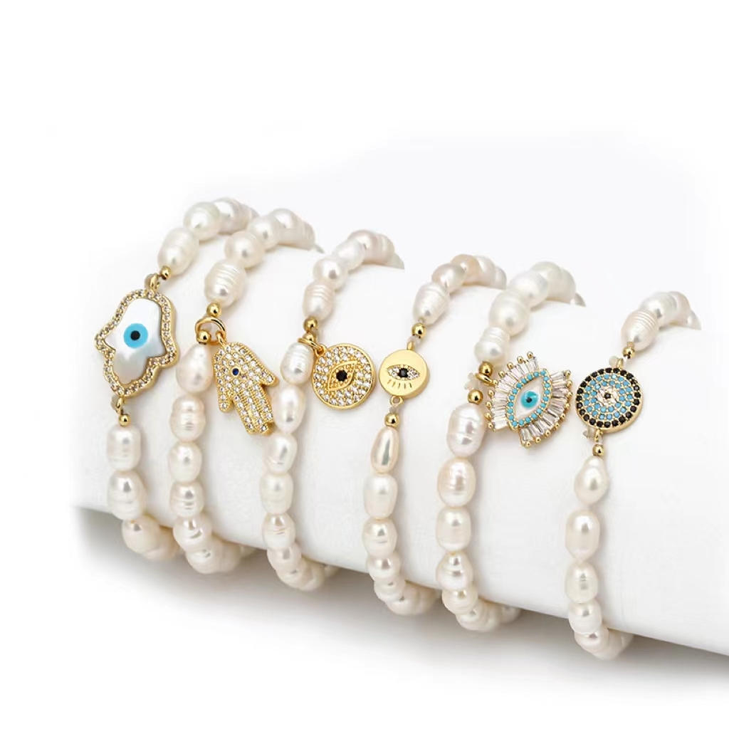 New Freshwater Pearl Bracelet Female Devil's Eye Bracelet Pearl Cross Border Blue Eye Bracelet Handchain Jewelry 1