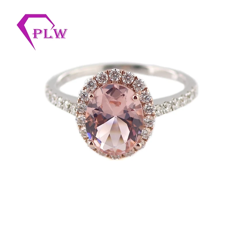 Provence Gems 14K Rose Gol et or blanc 7x9 mm Ring Oval Morganite Halo avec accents Moissanite Stones sur Band 1
