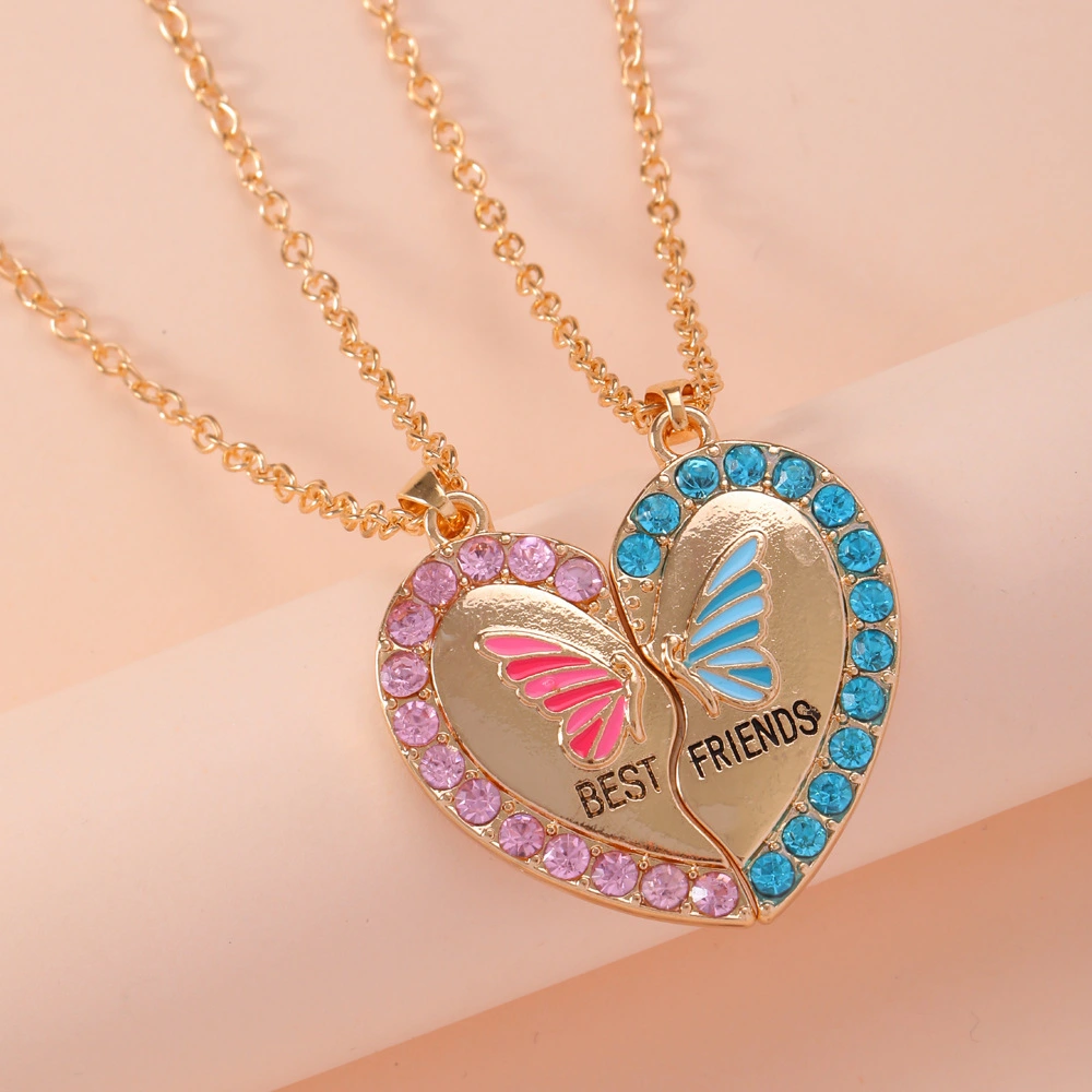 Hot Selling Love Good Friend Heart Puzzle Necklace For Women Personalized Colorful Diamond Butterfly Collarbone Chain 1