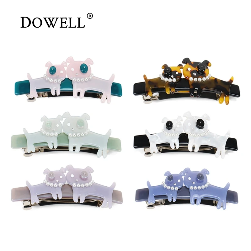 Dowell 귀여운 개 모양 진주 헤어 액세서리 2022 셀루로스 아세테이트 머리핀 1