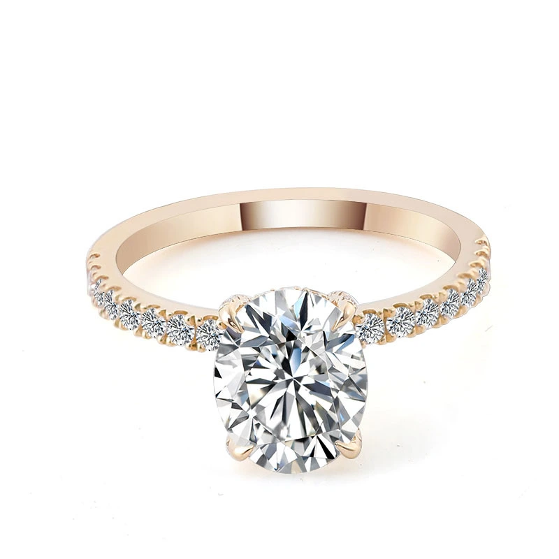 Venta al por mayor de fábrica, venta directa, joyería de moda con diamantes, anillo pavé de moissanita de 4 quilates de corte ovalado en oro amarillo de 14 k para mujer 1