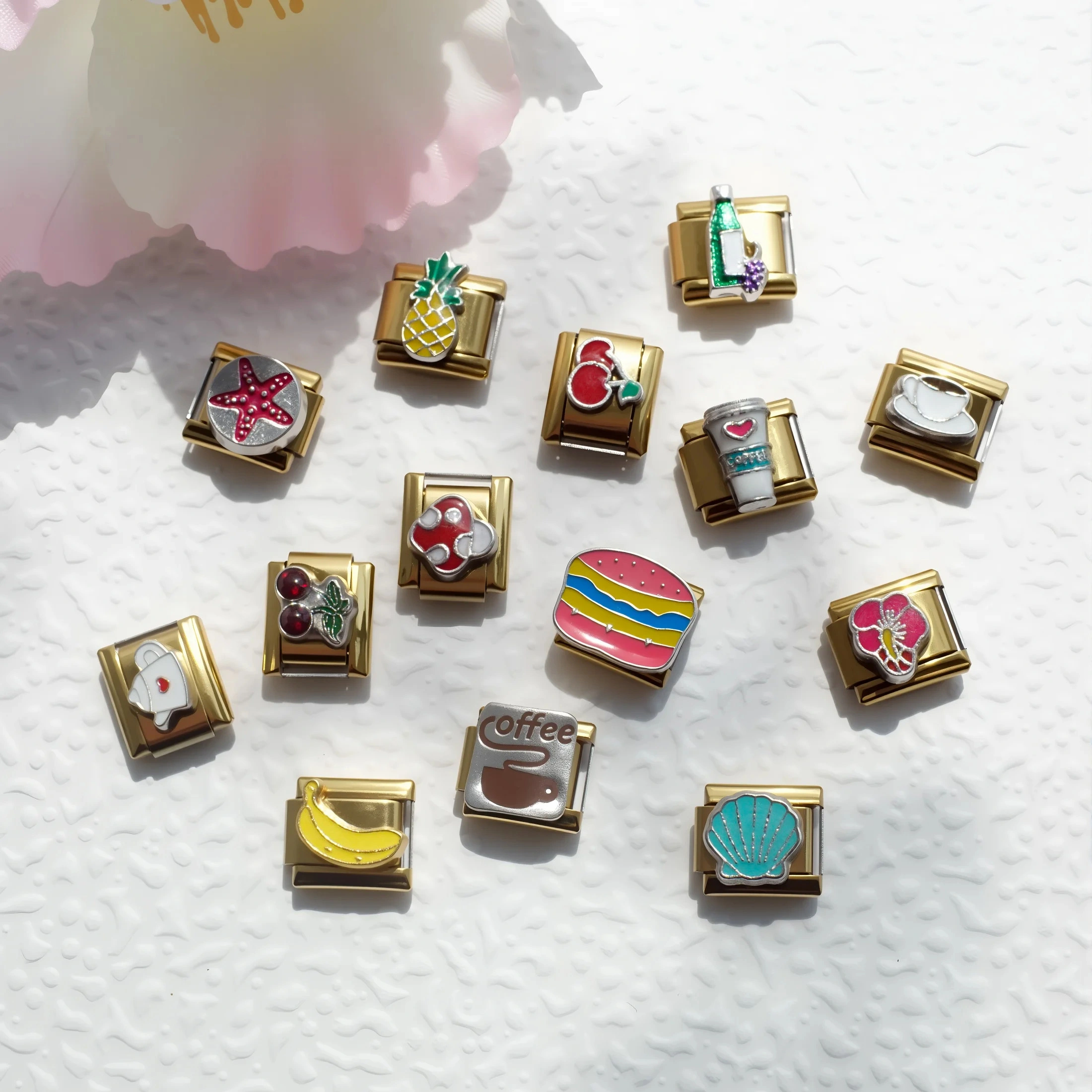 2025 Fashion Diy 304 Stainless Steel Italian Charm Bracelet Coffee Tea Hamburger Cherry Food Charm Bracelet 9mm * 10mm Module 1