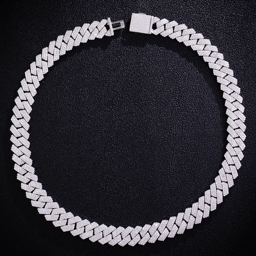 Cadena cubana de 15 mm con tres filas de diamantes y moissanita, chapada en oro de 18 quilates, para hombre, en plata 925 (todos los tamaños disponibles). 1