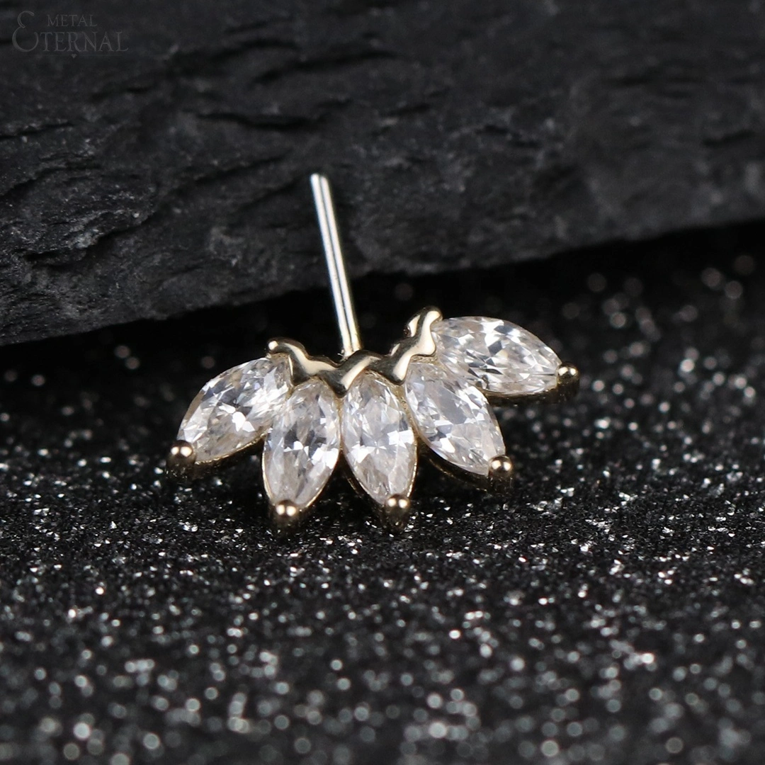 Eternal Metal Threadless Push In Front Facing 5 Marquise Cz Fan Set Curved Tops 14k Solid Gold Piercing 1