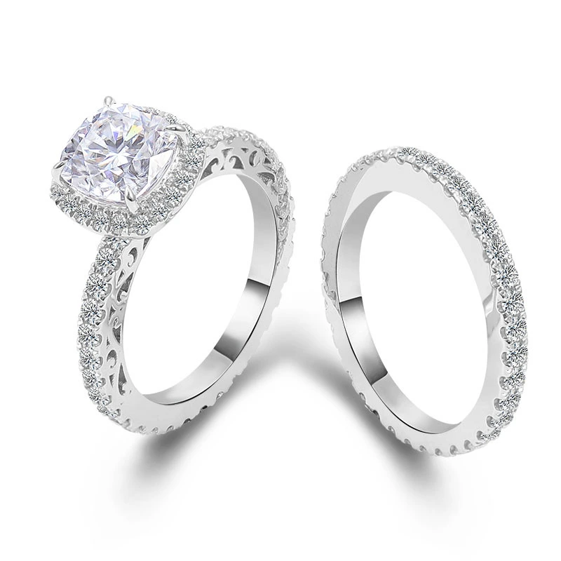 Nouveau design Solitaire 14K Gol d'or blanc 2ct coussin de coussin set anneau de mariage entier Full Moissanite Side Female Eternity Anniversary Ring 1
