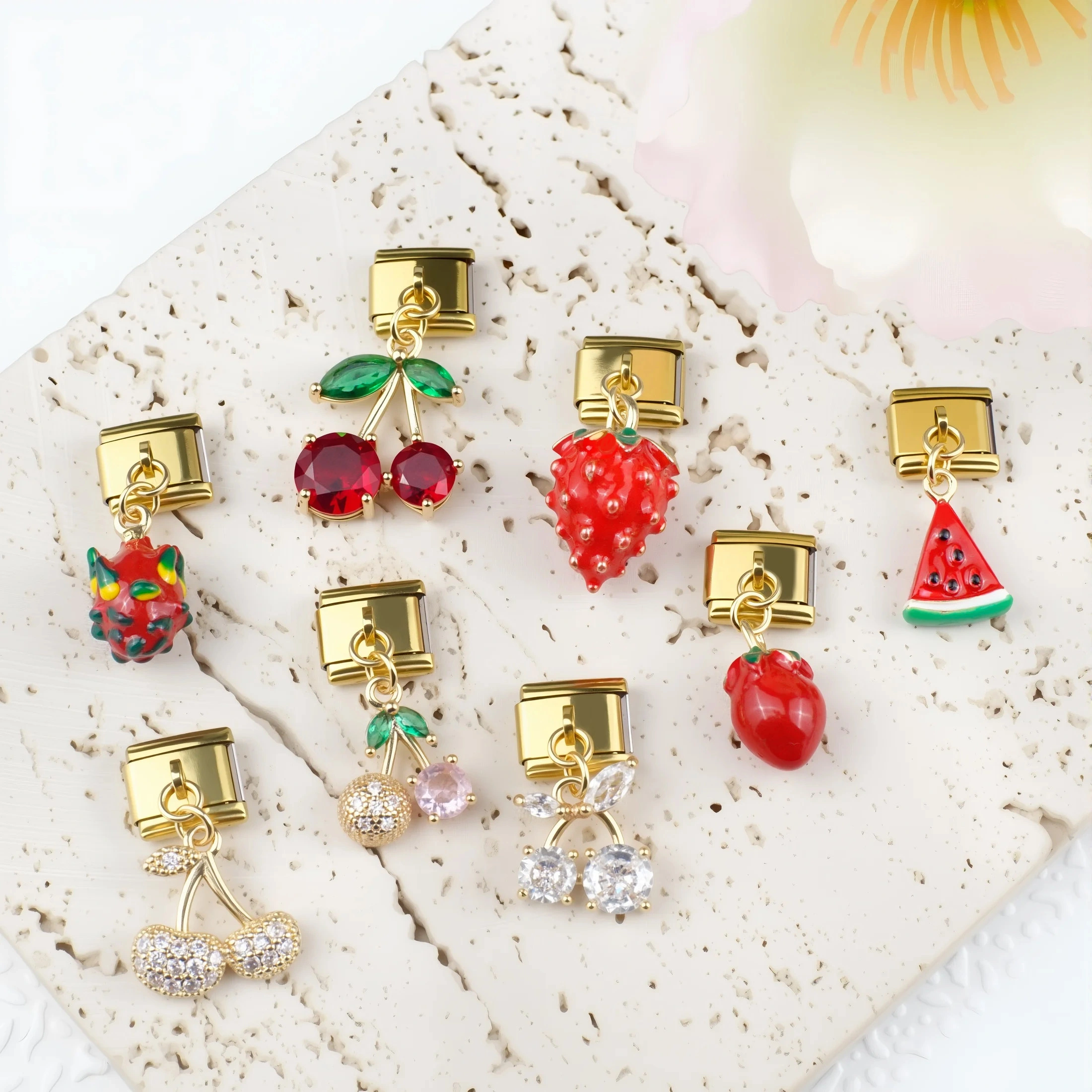 Fashion Italian Charm Golden Cherry Watermelon Strawberry Fruit Series Pendant 304 Stainless Steel Bracelet 9mm * 10mm Module 1