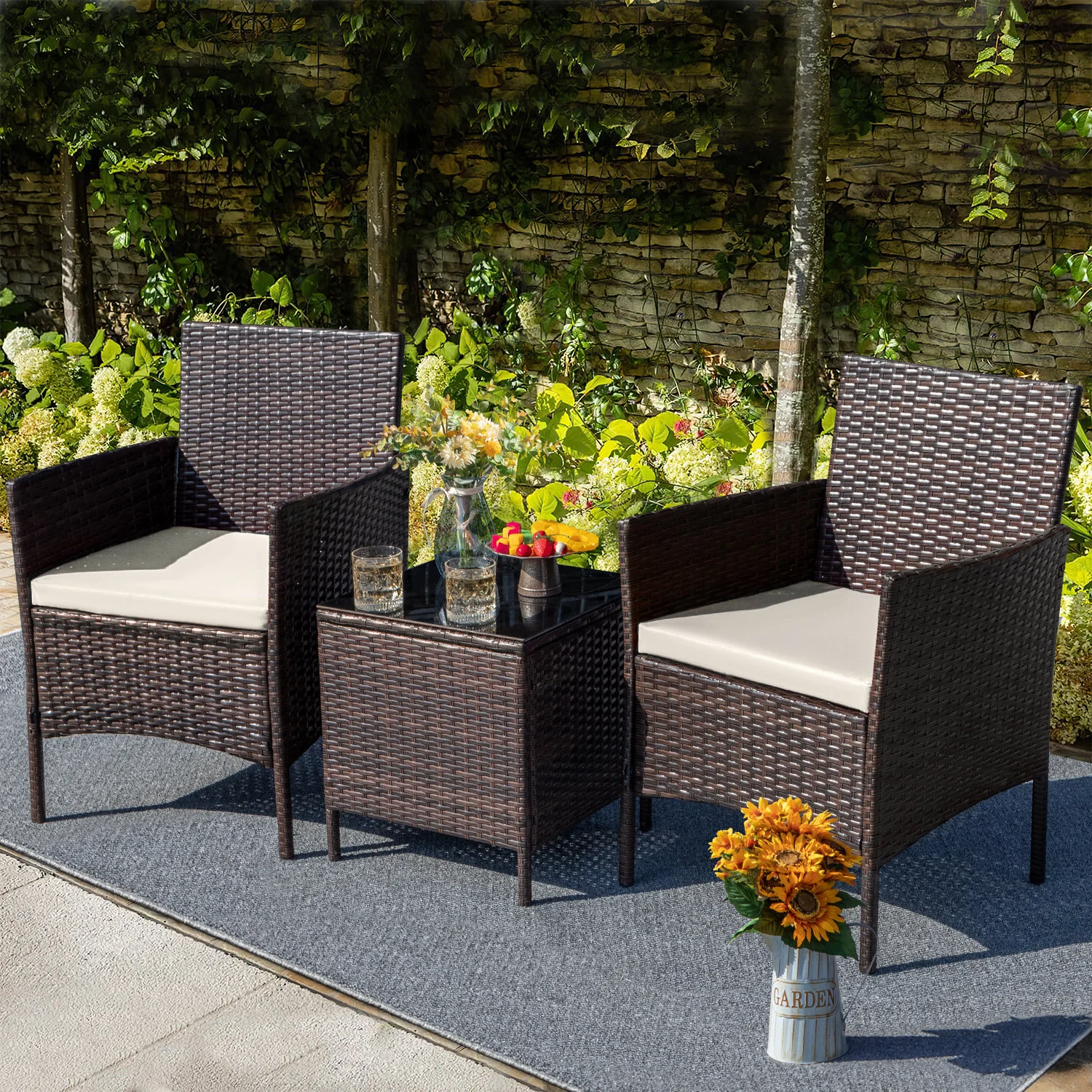 Hotel Wicker Armchairs With Coffee Table Rattan Balcony Conversation Set Patio Furniture Outdoor Dining Chair Garden Bistro Set 1