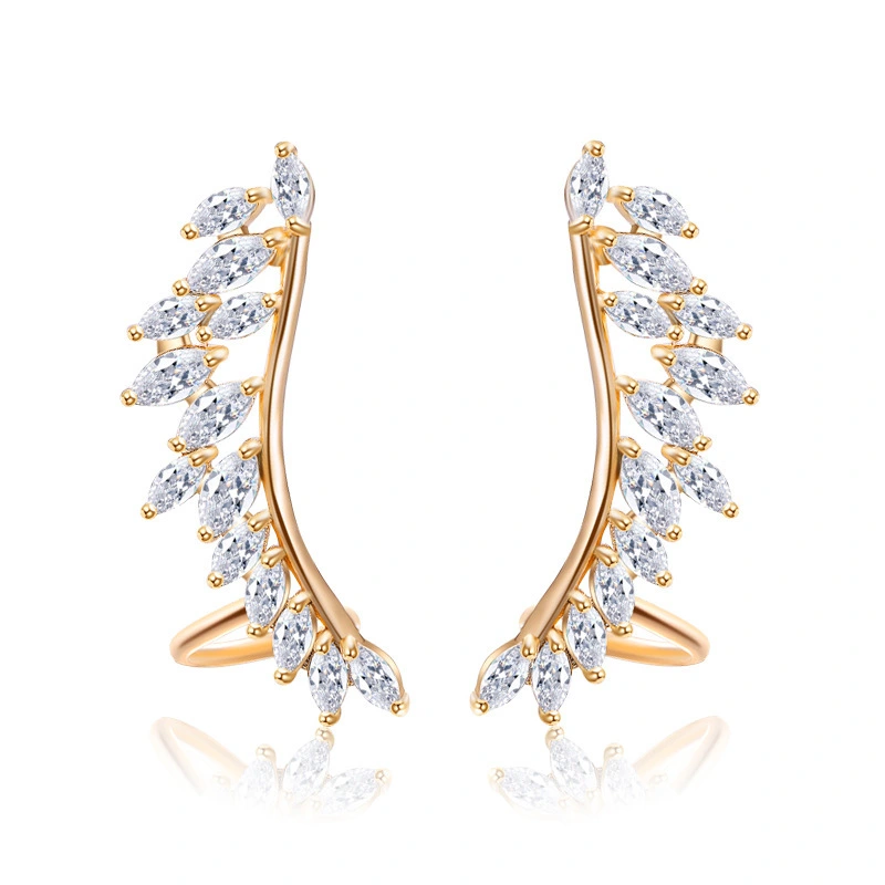 Gold & Silver Earrings Zircon Willow Leaf Bridal Eardrop 1