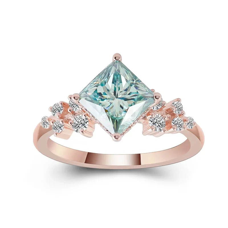 Luxury Design Moissanite Diamond Engagement Ring 14k Rose Gold 1 Carat Blue Green Princess Cut Moissanite Ring 1