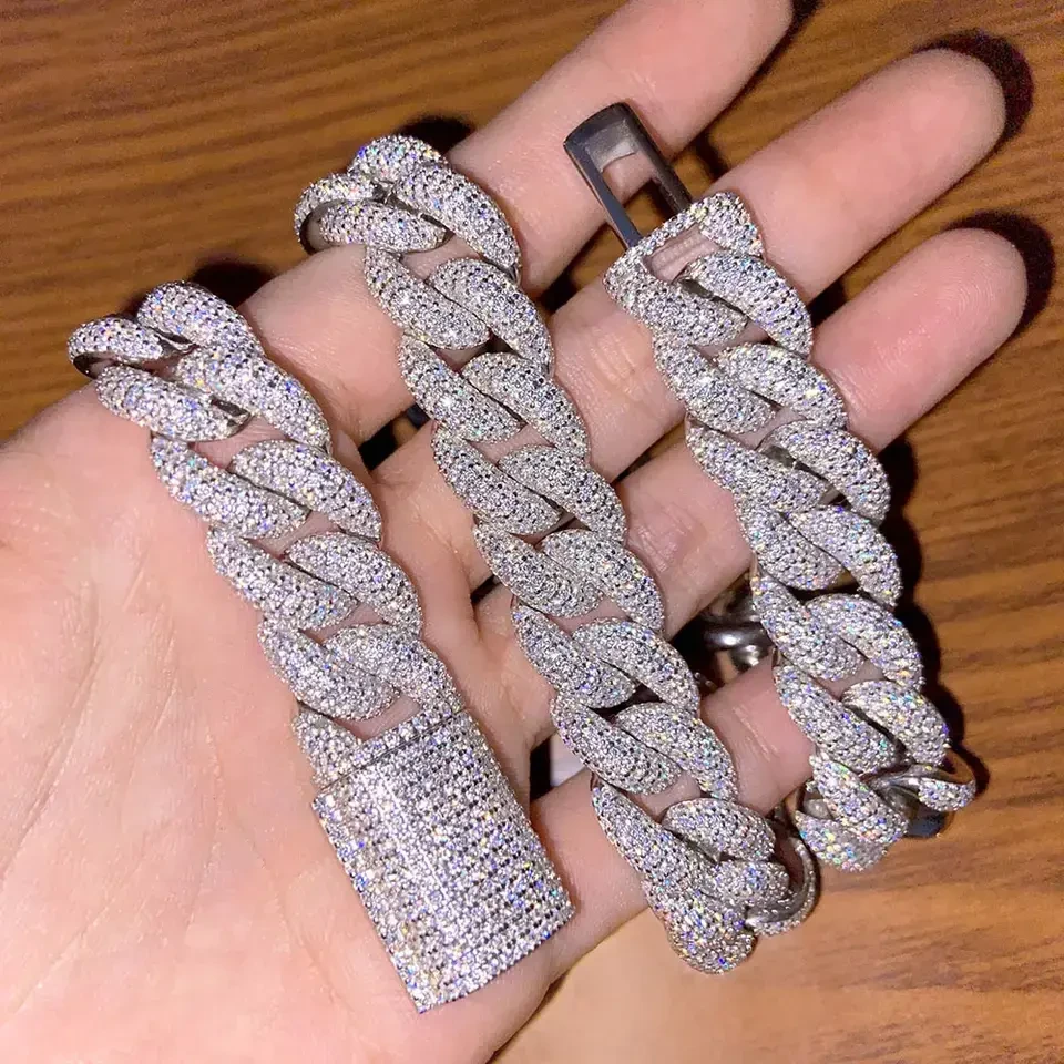 18mm Custom Pass Diamond Tester Hip Hop Vvs Moissanite Cuban Link Miami Cuban Chain Moissanie Stone Iced Out 3 Rows Gold Silver 1