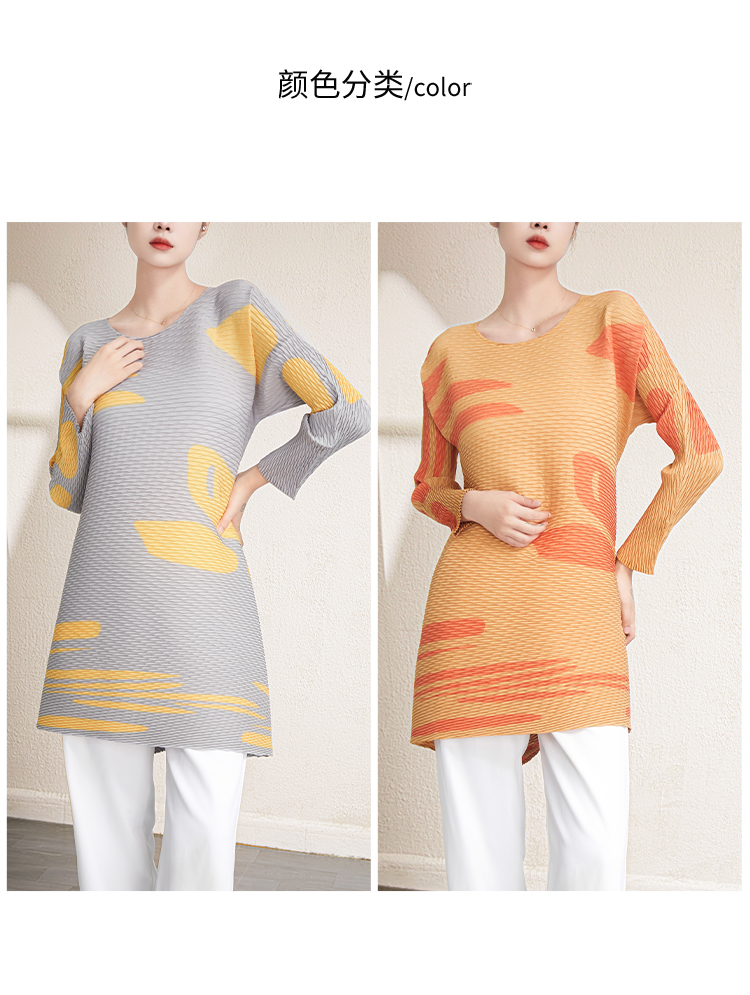 Wholesale Pleated Shirts – Private Label <000000> Custom Design High Quality Miyake Latest Design Pleated Top Women's Casual Style Fashion Printing Long-sleeved T-shirt 9