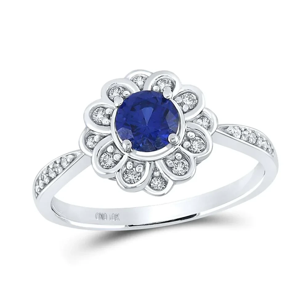 10k White Gold Ladies Lab Grown Sapphire Daily Wear Ring 6.5mm Round Royal Blue Sapphire Fashion Gemstone Ring 1