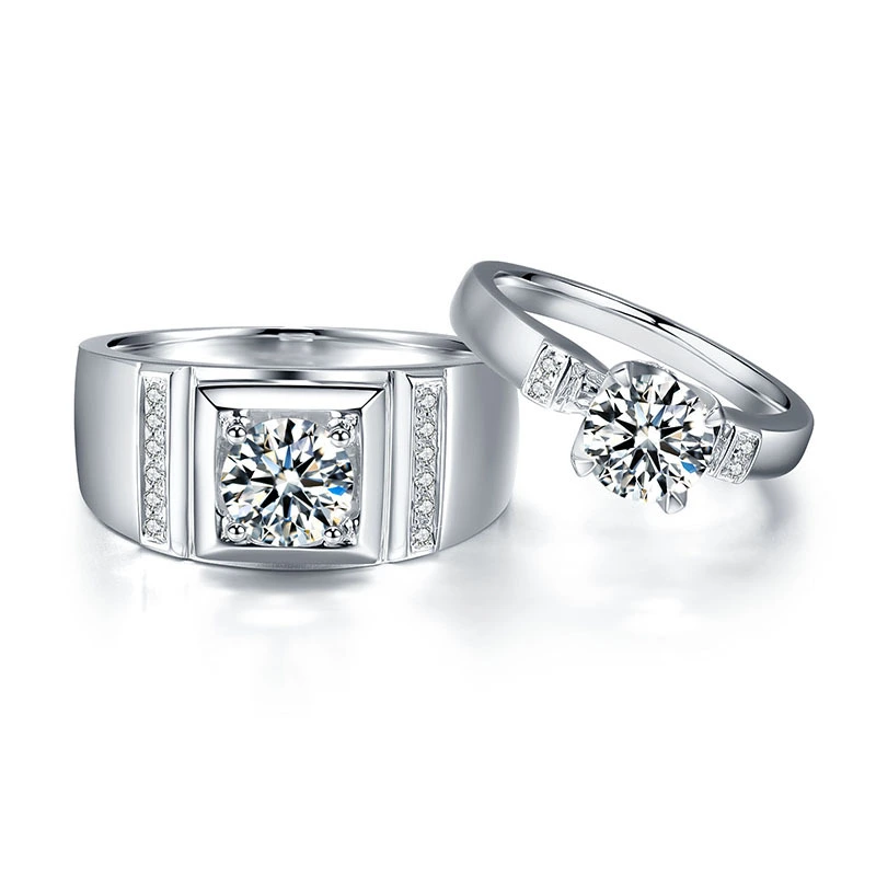 Anneau de fiançailles en or blanc AU750 personnalisé 1Ct Moisanite Diamond Couple Ring Ensemble pour l'homme et la dame 1