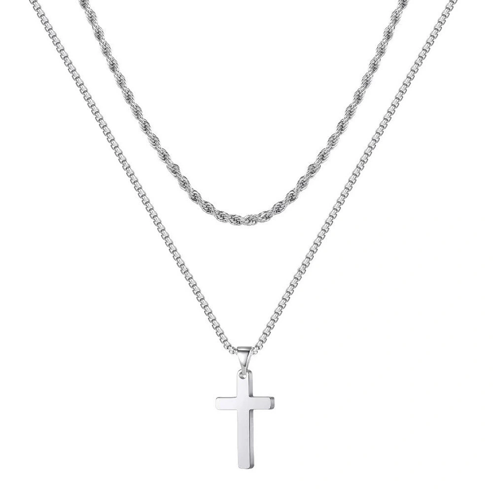 Stainless Steel Fried Dough Twist Snake Bone Chain Double Layered Cross Pendant Necklace For Men And Women 1