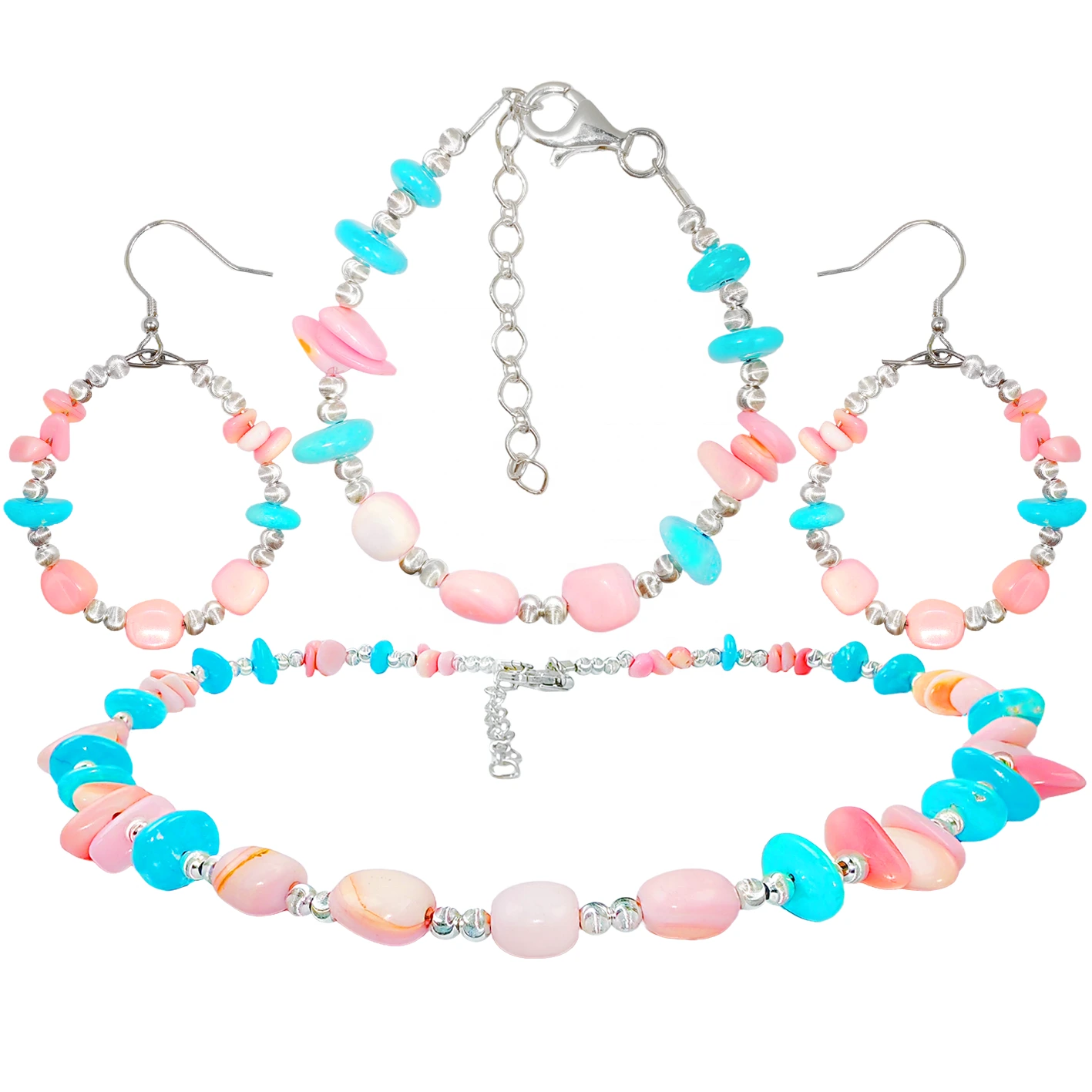 Seti ni pamoja na bangili ya mkufu na pete zilizo na turquoise ya matibabu ya asili na opal ya rangi ya rangi ya maridadi kwa maridadi inaonekana nzuri 1