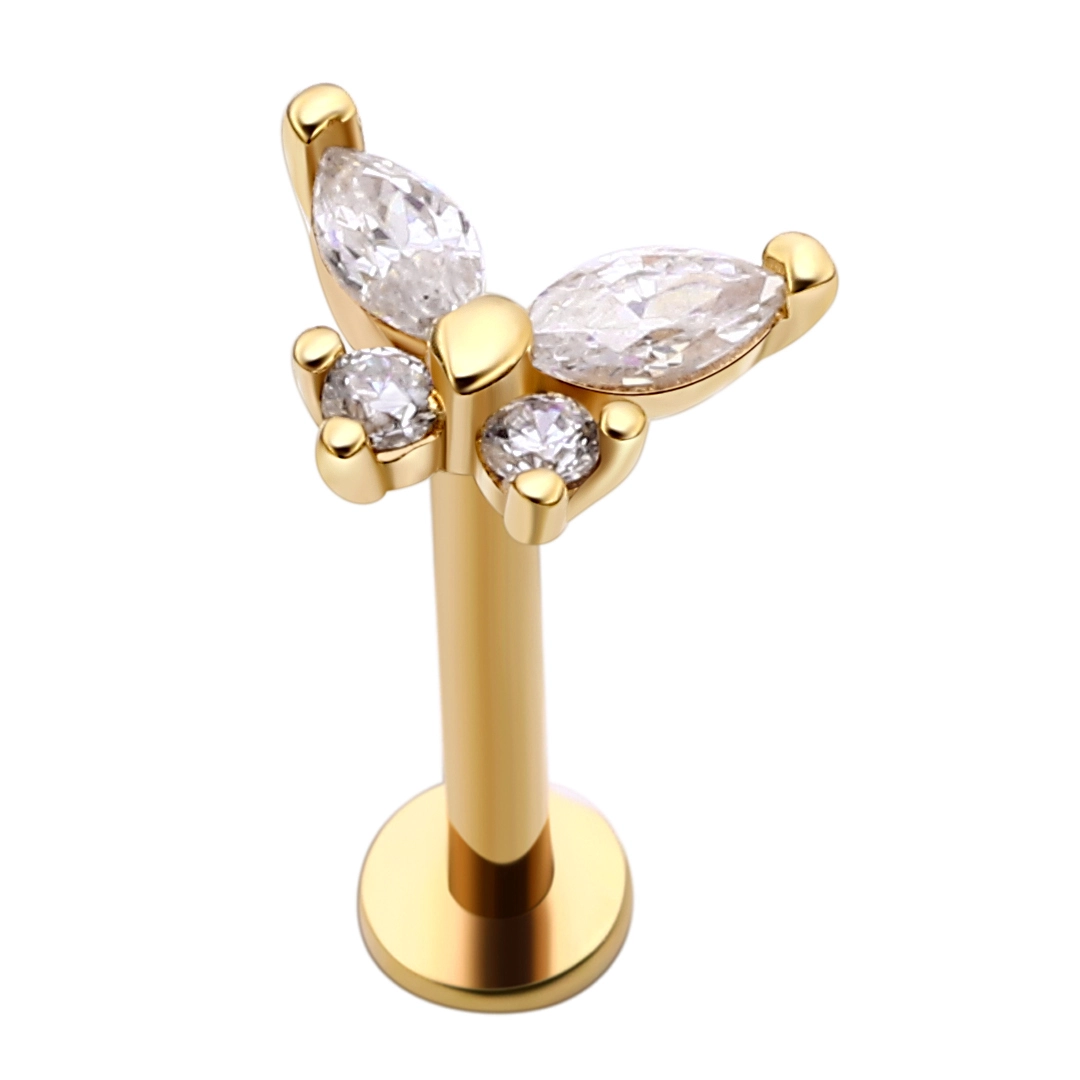 Eternal Metal 14k Solid Gold Clear Czs Butterfly Gold Pin Threadless Labret Ring Stud Earrings Piercing Jewelry 1